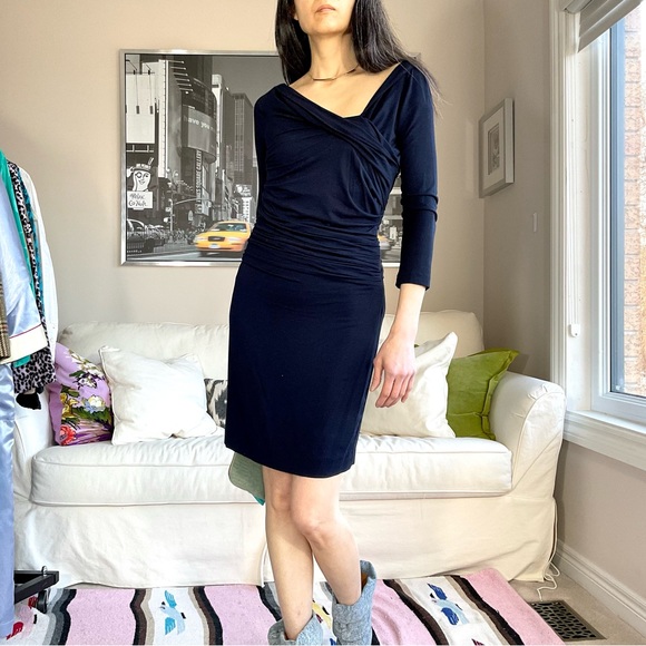 Mango black stretch asymmetric ruched minidress - Picture 1 of 13